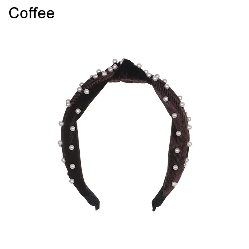 coffee 1 В богемном стиле однотонные Цвет мягкий бархат центр узел широкая лента для волос с жемчугом завязанная повязка на волосы Индивидуальные Женские аксессуары для волос - Цвет: coffee 1