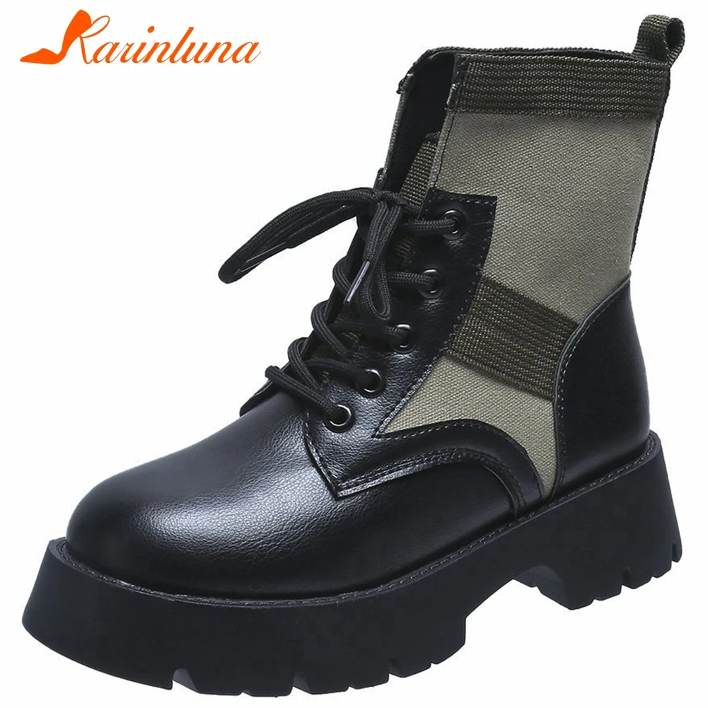 

KARINLUNA New Fashion Cross Tied Female Boots Round Toe Med Heels With Platform Ankle Boots Women 2020 Office Shoes Woman