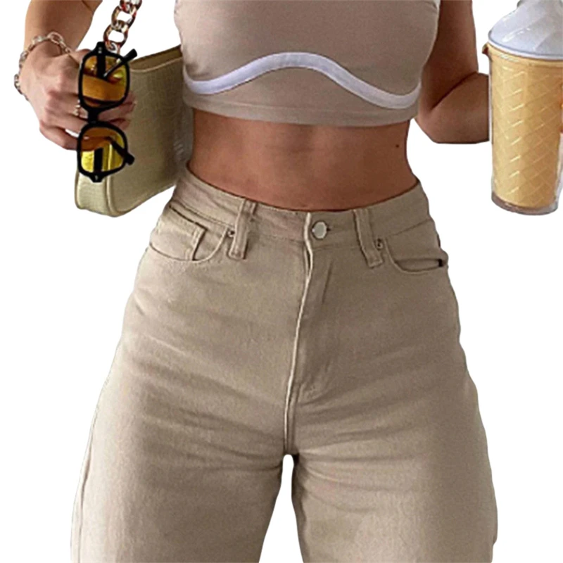 

Women Wide Leg Flare Jeans High Waist Solid Color Loose Pants with Pockets Women Vintage Denim Ladies Jeans Fashion Trousers