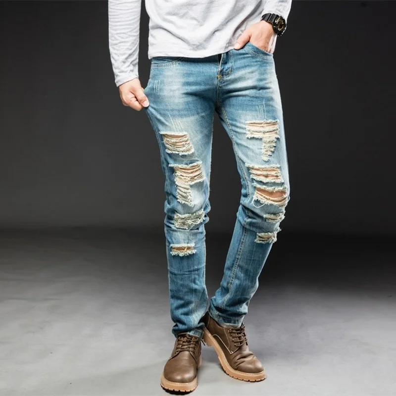 

Джинсы мужские рваные прямые, модные брюки Slim Fit из денима, винтажные брюки-ковбойские, светильник стиле хип-хоп, светло-голубого цвета