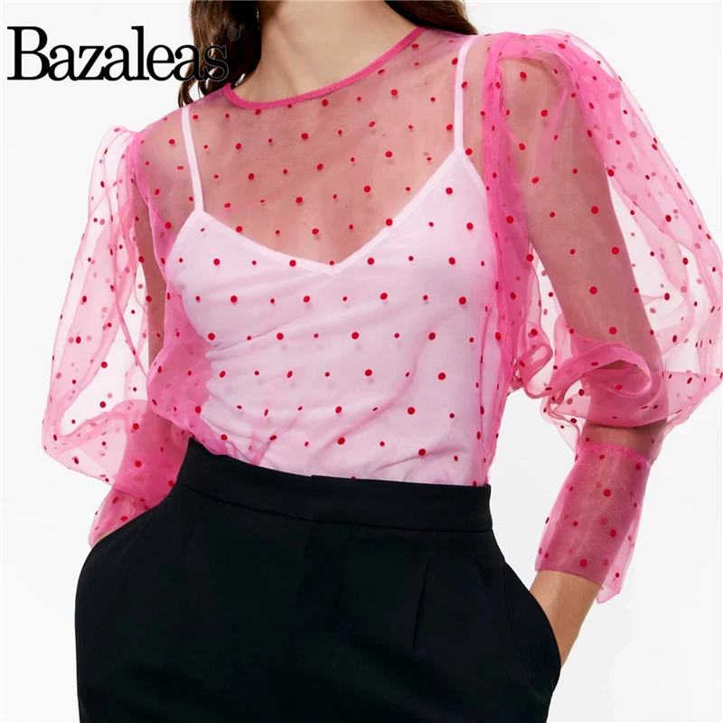 Ретро прозрачный розовый blusas mujer de moda 2019 модные блузы в горошек Повседневный