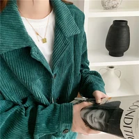 women korean style elegant bright trendy loose slim casual jackets solid green corduroy turn down collar vintage basic outwear