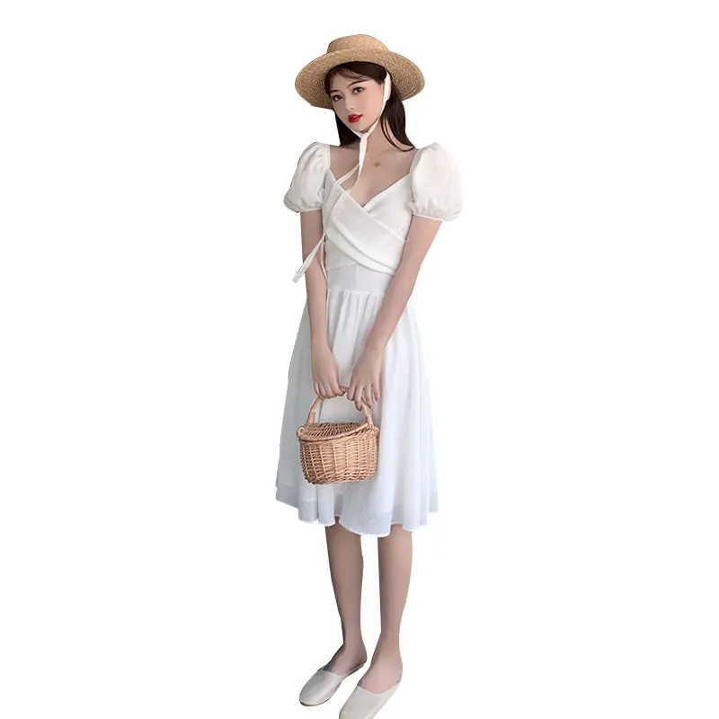 

Slim Retro Korean Vacation Dresses Japanese Midi White Vintage Women Dresses Summer 2021 Runway Elegant Party Night Dresses