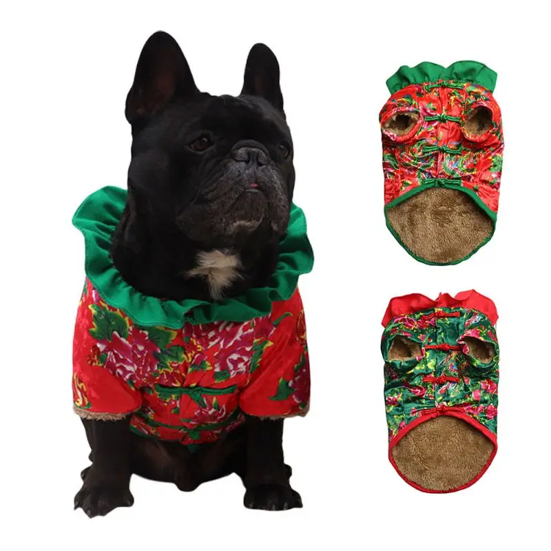

Flower Dog Vest Coat Festive New Year Pet Tang Suit Thick Warm Velvet Lined Jacket for Small Dog Cat Winter Cold Weather Clothes