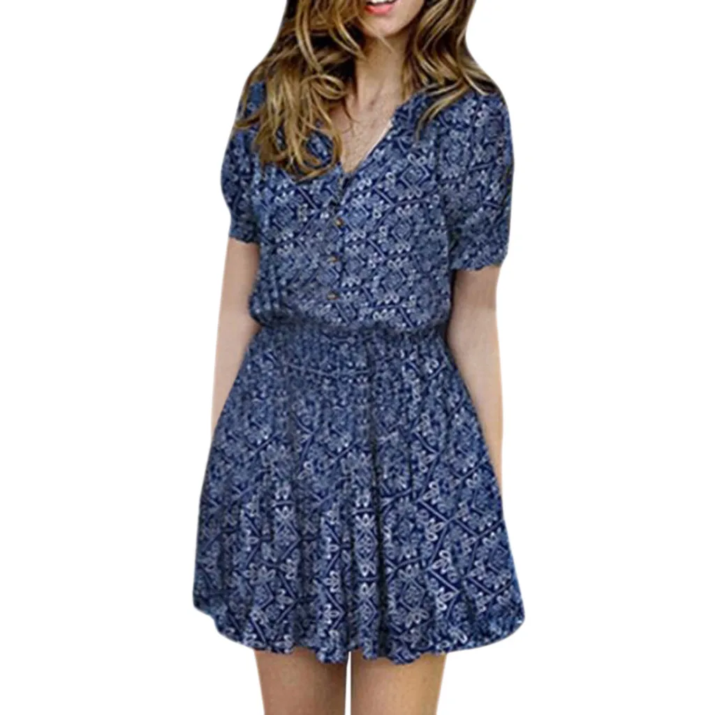 

Women Summer Dress Fashion Floral Print V-neckline Casual Short Sleeve Mini Dress Strój Plażowy Damski Vestido Fresco Verano