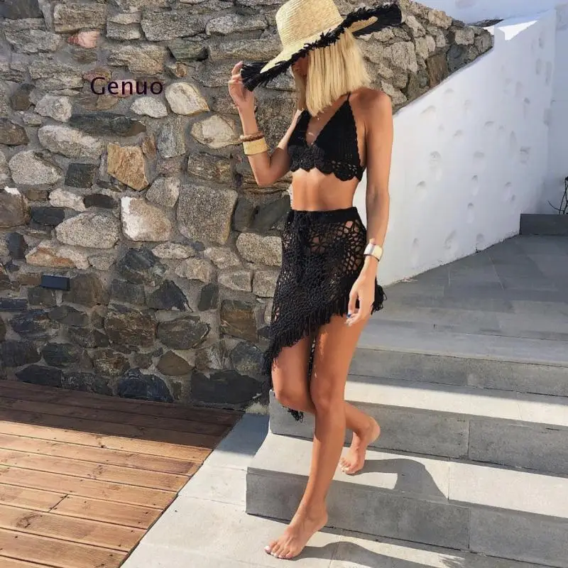 Женская Асимметричная пляжная одежда сексуальная бандажная вязаная крючком
