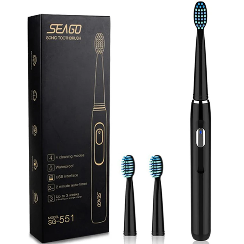 Seago-551 Sonic электрическая зубная щетка для взрослых, щетка для путешествий, 4 режима, USB зарядное устройство, перезаряжаемая зубная щетка, Сменная головка, 3 щетки