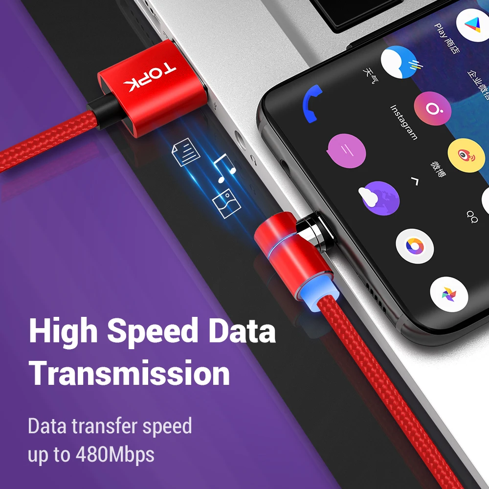 Магнитный usb-кабель TOPK 3A для быстрой зарядки, кабель USB type-C для iPhone, samsung, Xiaomi, huawei, кабель Micro usb типа L