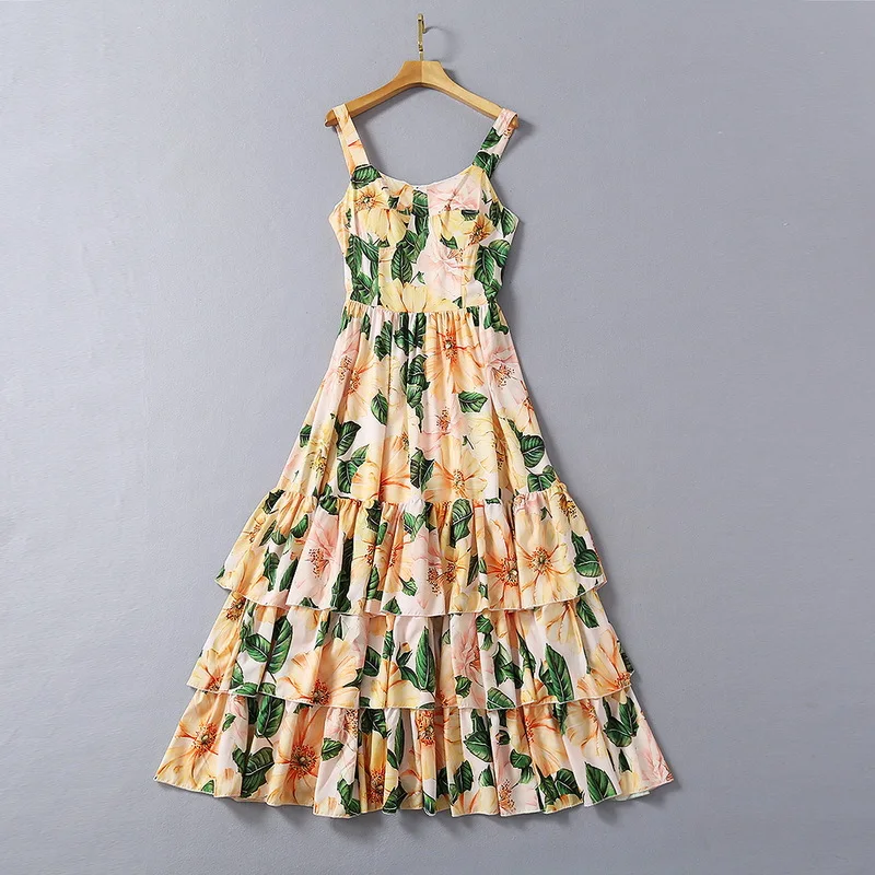 

European and American women's clothing new 2021 spring Condole belt Floral print Fashion sleeveless cake dress