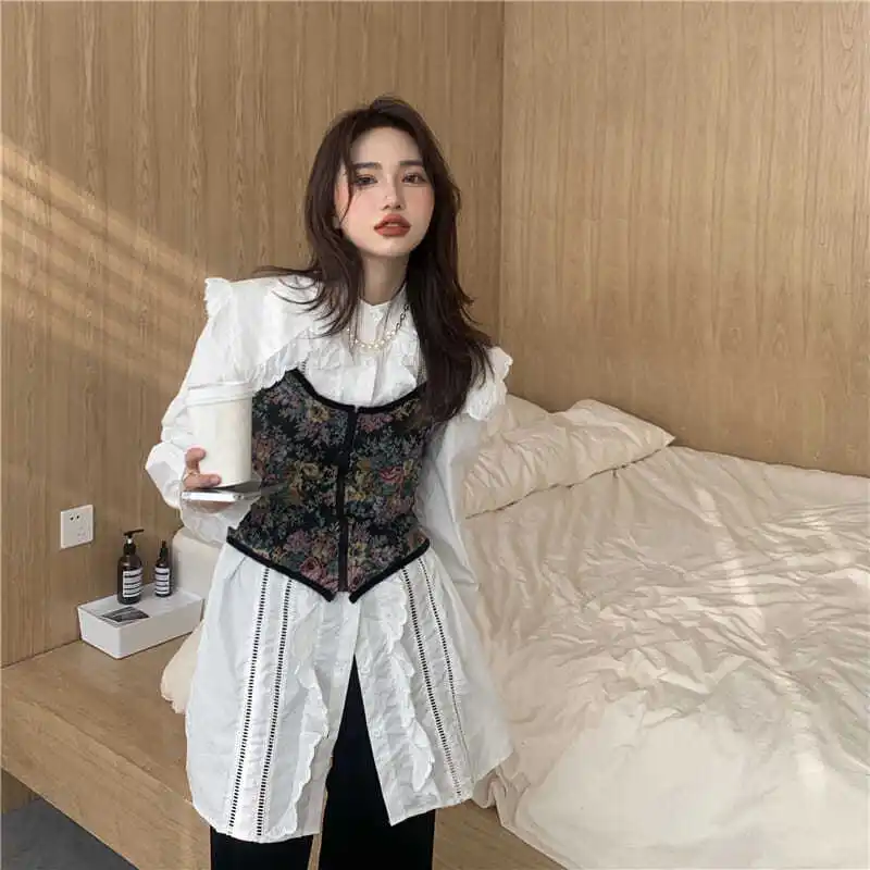 

Vantage French style Full Sleeve Women 2021 Spring Autumn top femme Sweet shirt +vest set Cute fashion Blousees crop top