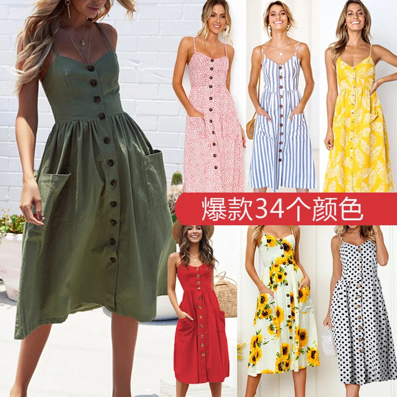 

Summer Sexy Sling Button Halter Comfortable Slim High Waist V-neck Dress for Women and Calf Skirt Plus Size Casual