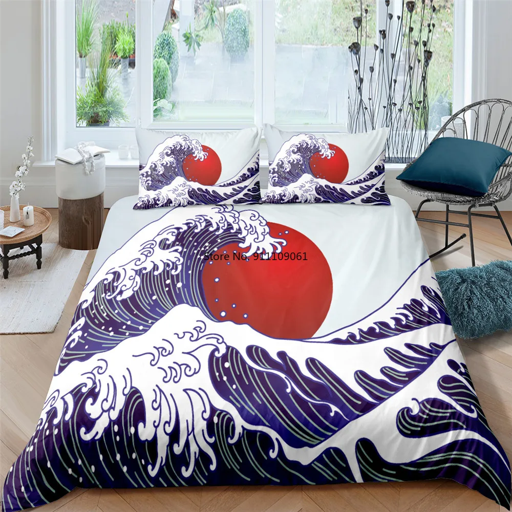 Японский роскошный комплект постельного белья с морским волнистым пейзажем