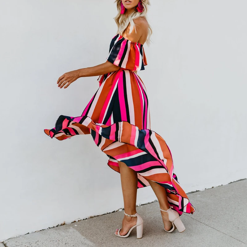 ZOGAA Off Shoulder Ruffle Striped Summer Dress Casual Front Fork Beach Women Maxi Backless Wrap Long Vestidos 2019 | Женская одежда