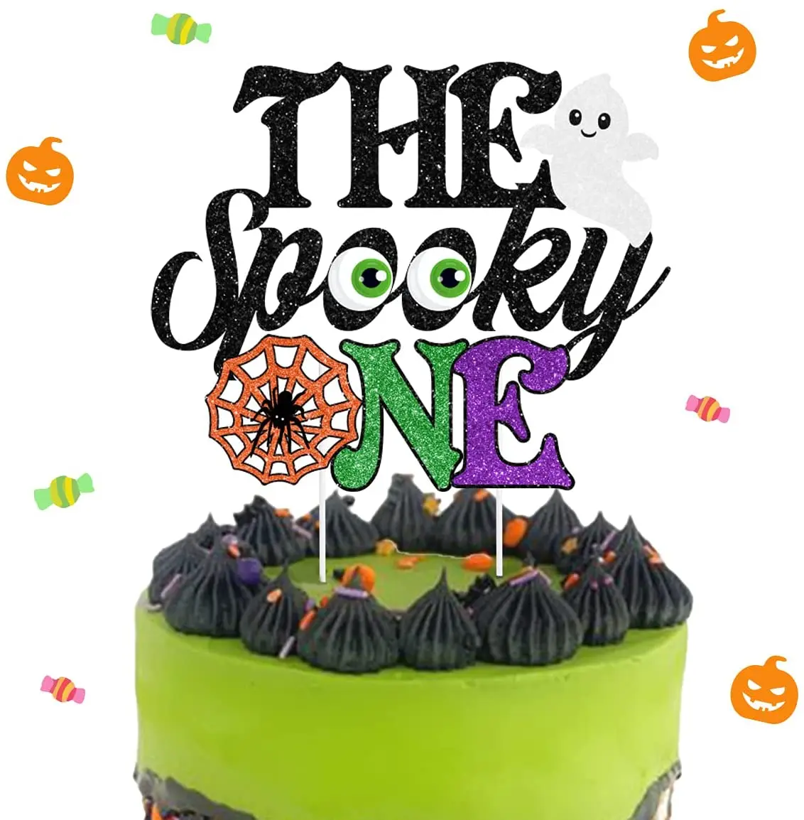 The Spooky One Cake Topper Glitter 1st Birthday Cake Topper with Ghost Spider for Kids Halloween  Party Decoration