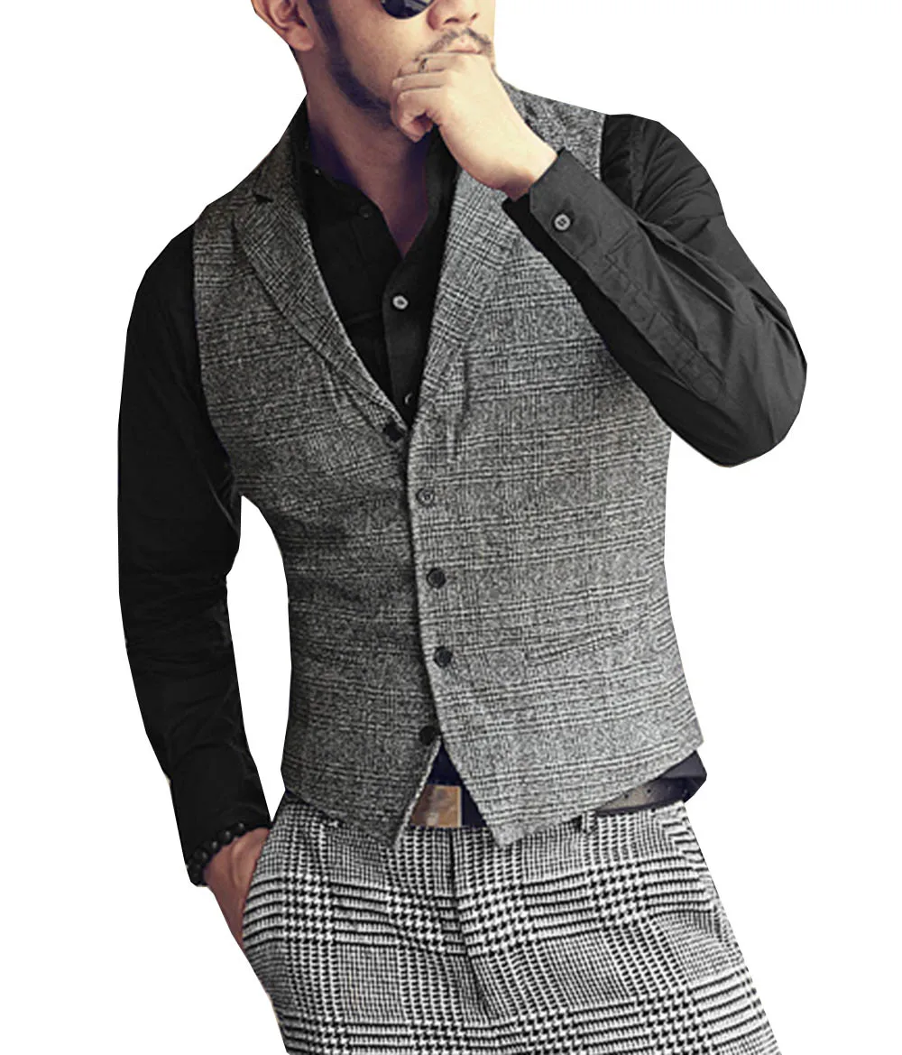 Mens Single-breasted Suit Vest V Neck Wool Plaid Waistcoat Casual Formal Business Groomman For Wedding