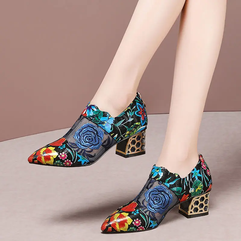 2022 Spring Mesh Shoe Woman,Embroidery Flower High Heels,Ethnic Hand Made Pumps,Pointed toe,Female Footware,RED,BLUE,Dropship