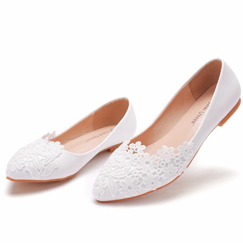 New Flat Lace Wedding Shoes Large Size 43 White Pointed Toe Casual Flat Shoes  Lace Casual Women's Shoes Low Heel Princess Flats