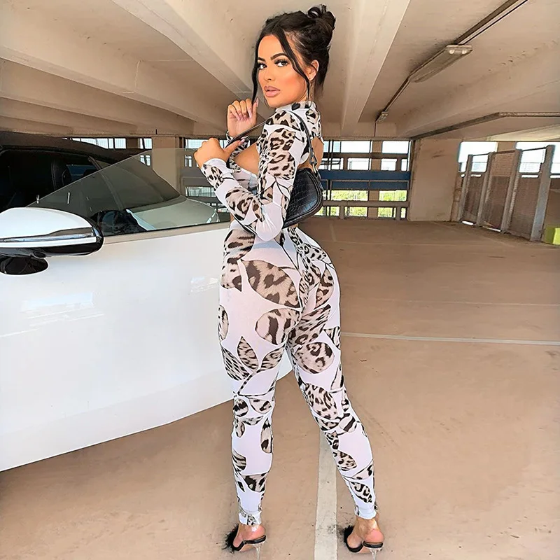 BOOFEENAA сетчатый Женский комплект 2 шт. с принтом гепарда укороченный топ длинными