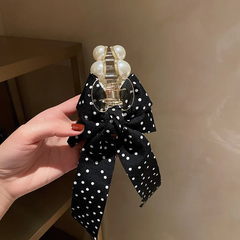 

Fashion simple headdress polka dot flannel bow pearl hairpin catch clip net red temperament hair accessories women