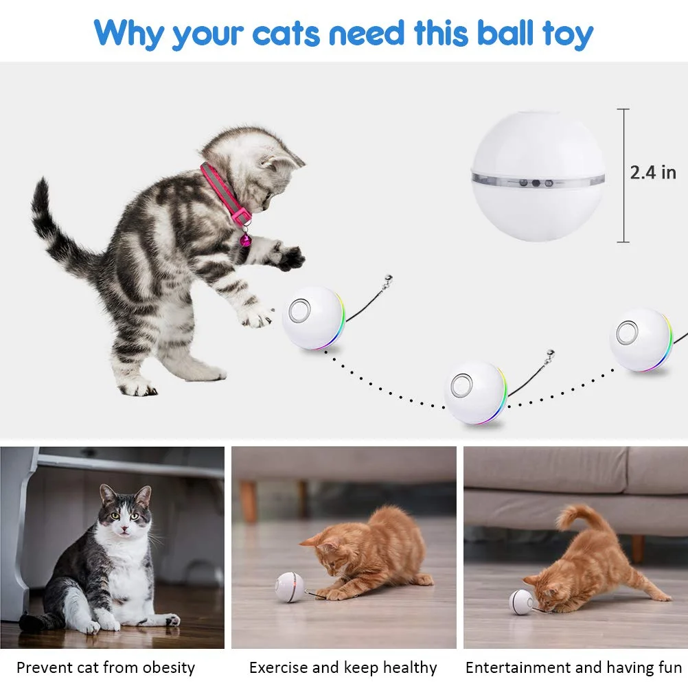 

Automatic Smart Cat Toys Ball Interactive Catnip USB Rechargeable Self Rotating Colorful Led Feather Bells Toys for Cats Kitten