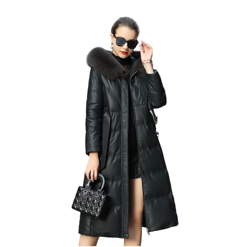 Enlarge Leather Down Jacket Women's Winter Fox Fur Collar Sheepskin Down Coat Over The Knee Length Warm Coat 90 White Duck Down