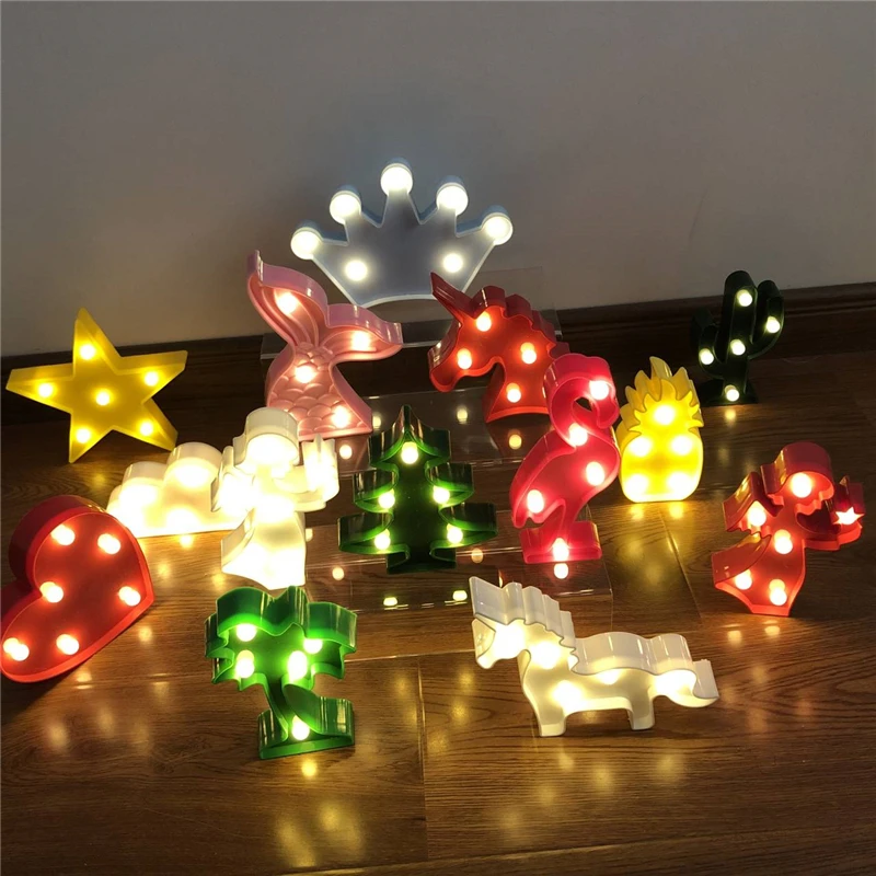 Симпатичный светодиодный ночник с фламинго единорогом s шатер знак ананас кактус