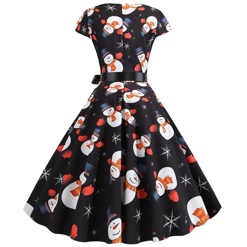 Christmas Dress Women Short Sleeve Print Vintage Robe Femme Ladies Casual Elegant Plus Size pin up Xmas Party Sundress | Женская одежда