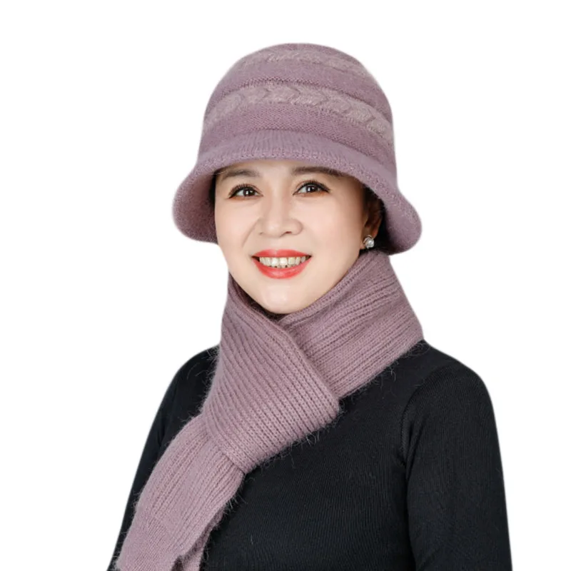 

New Mom Hat Women Hat Scarf Set Winter Hat and Scarf Set Rabbit Fur Hat Winter Knitted Bucket Warm Hat and Scarf Set for Women