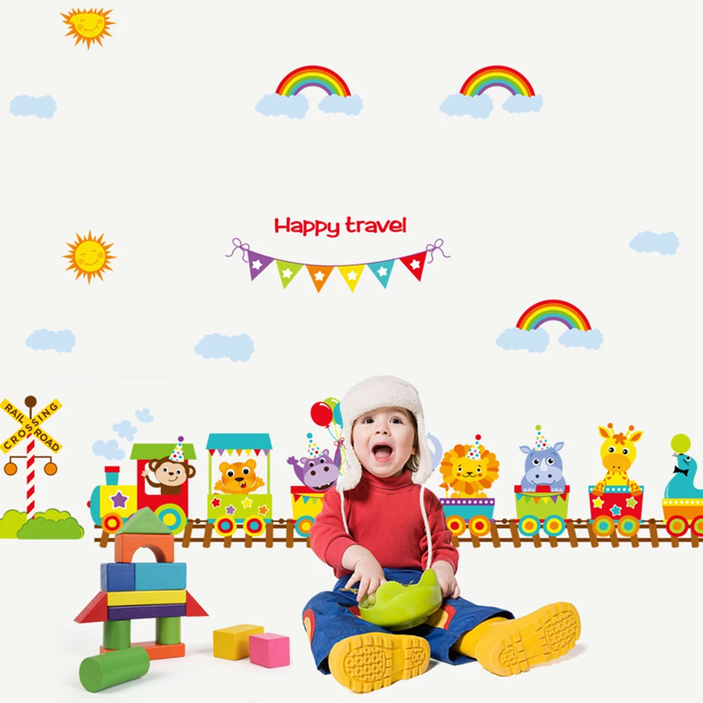 Новый мультяшный поезд для детской комнаты Животные олень настенные наклейки