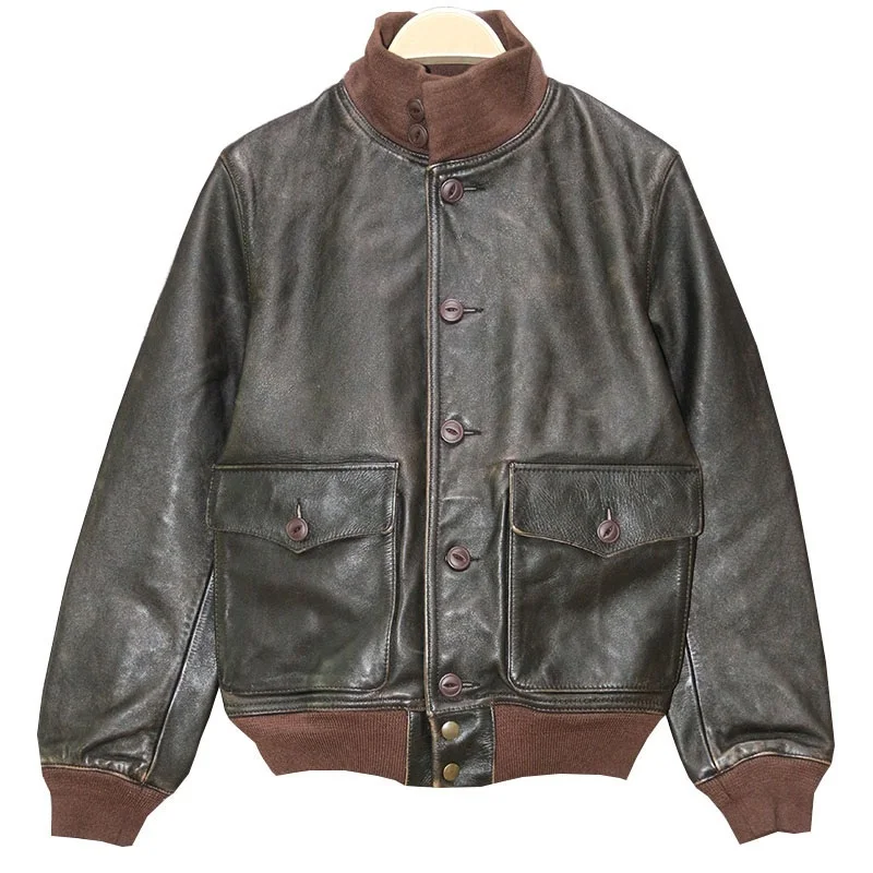

Classic Style Mens Leather Vintage Cowhide Jacket Man A1 Engraved Quality Coat Sales