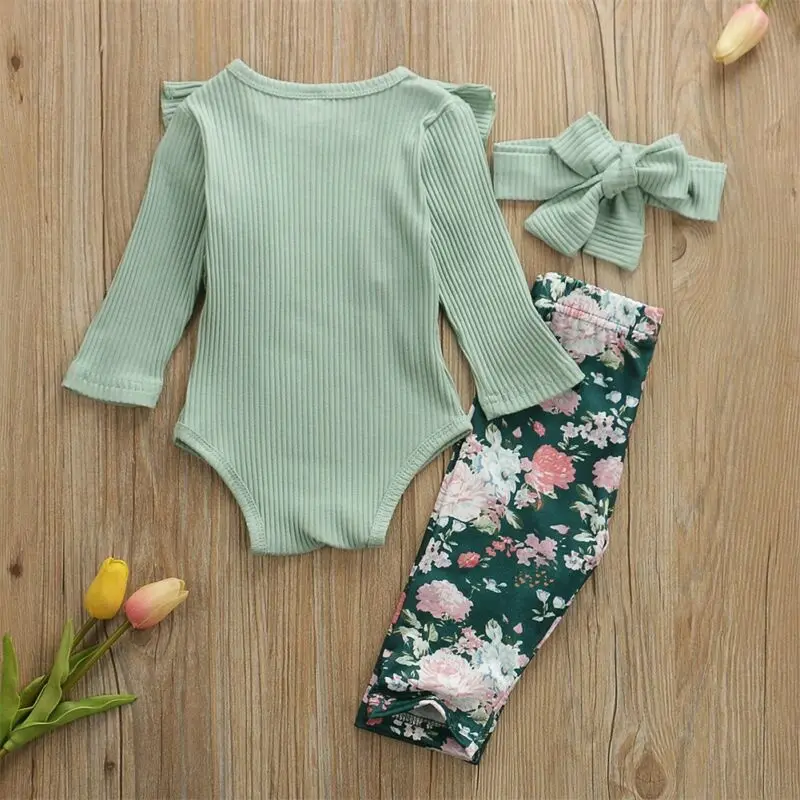 

Newborn Baby Girl Clothes Solid Color Knitted Cotton Romper Tops Flower Print Long Pants Headband 3Pcs Outfits Clothes