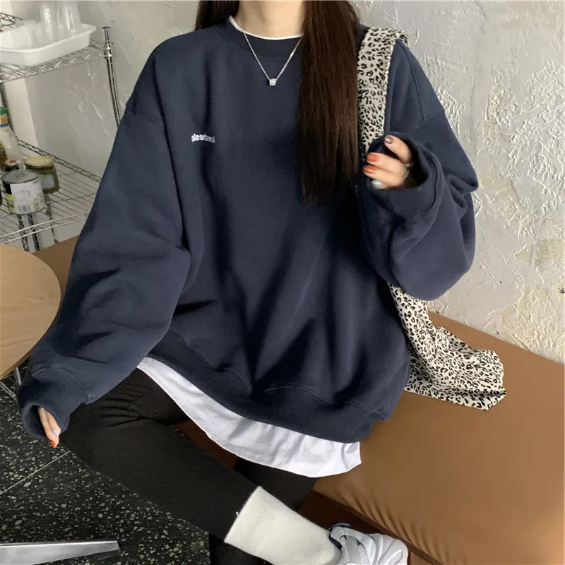

Autumn Winter Girl Korean Version Oversized Hoodies Street Style Letter Embroidery Sweatshirt Fleece Thick Pullover Tops Femmes