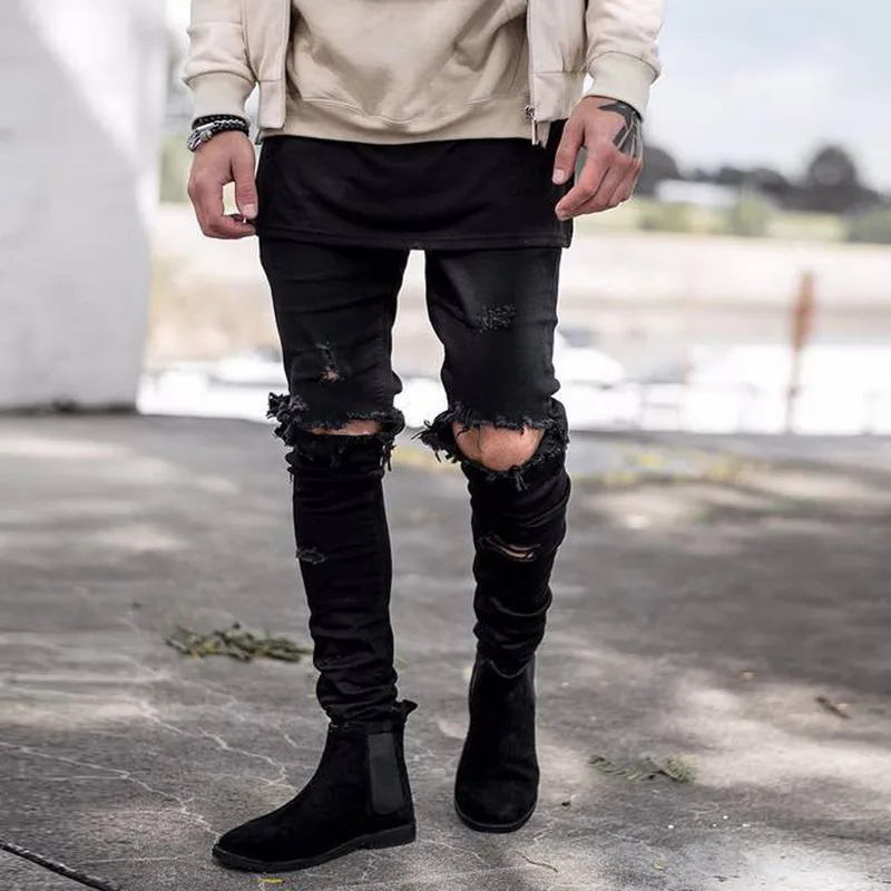 Мужские рваные джинсы с перекрестными краями новая модель на весну уличный стиль