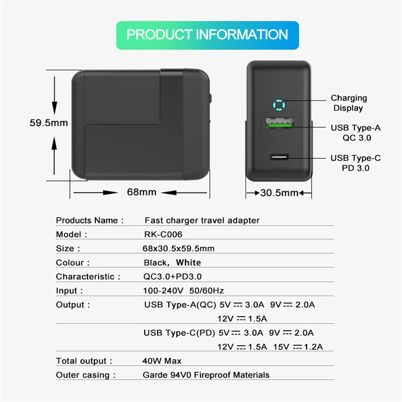 

HKHUIBANG usb charger quick charger QC3.0 for Huawei /Xiaomi /Samsung QC3.0 Travel Adapter Type-c PD charger for iPhone 11