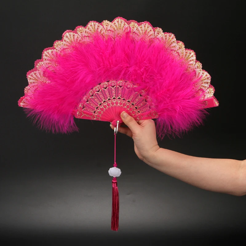 Abanico plegable cl&aacute;sico de Internet para celebridades, estilo Retro, baile, Cheongsam, pasarela, Palacio, Hada, chica, pluma-2