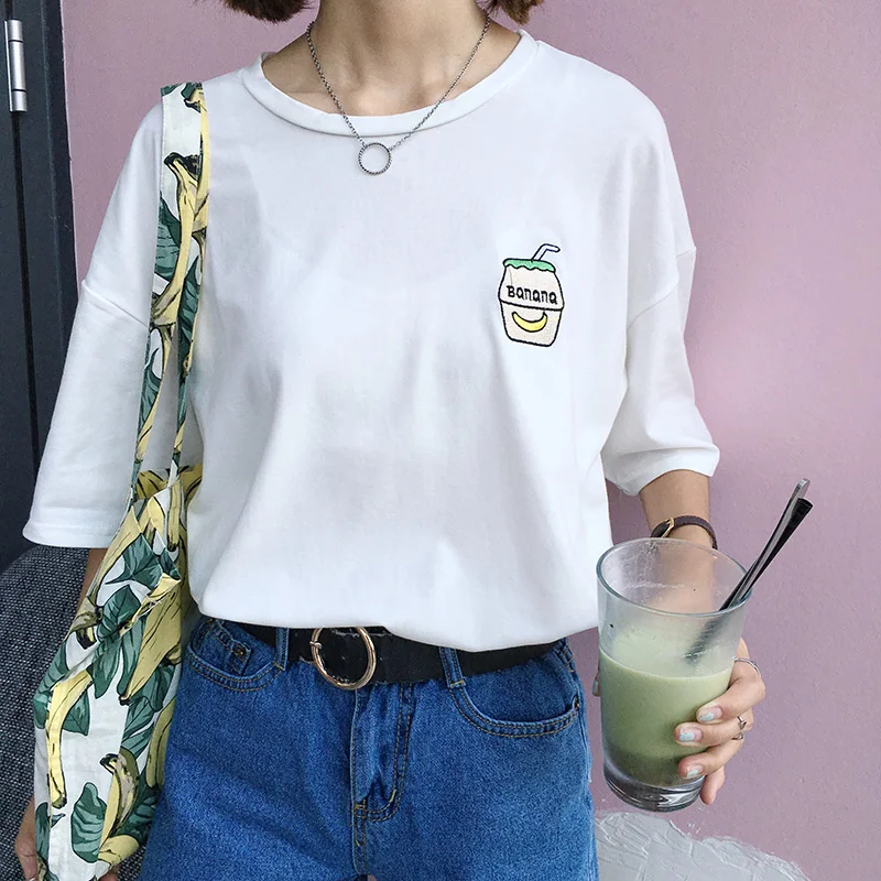 

2016 Summer New Cute Banana Milk Embroidered Simple All Match Short Sleeve Female T-shirts