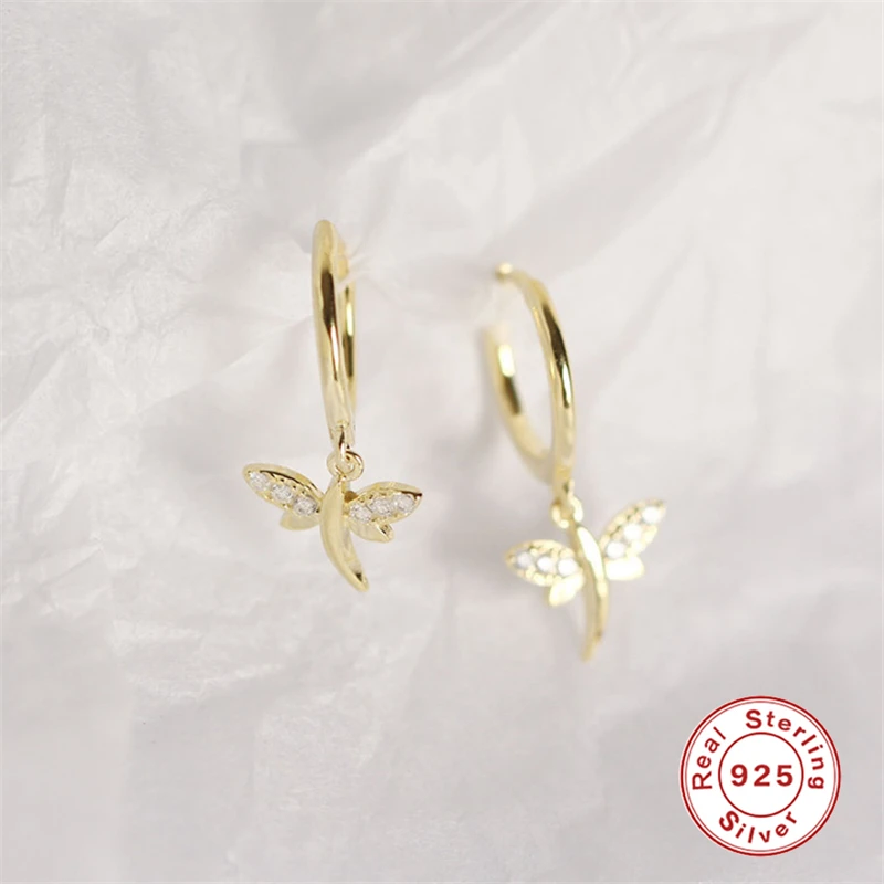 Dragonfly-Gold 1 пара милых колец в виде стрекозы, попугая, S925 Серебряные серьги с подвеской, золотого и серебряного цвета, милые модные серьги, ювелирные изделия - Окраска металла: Dragonfly-Gold