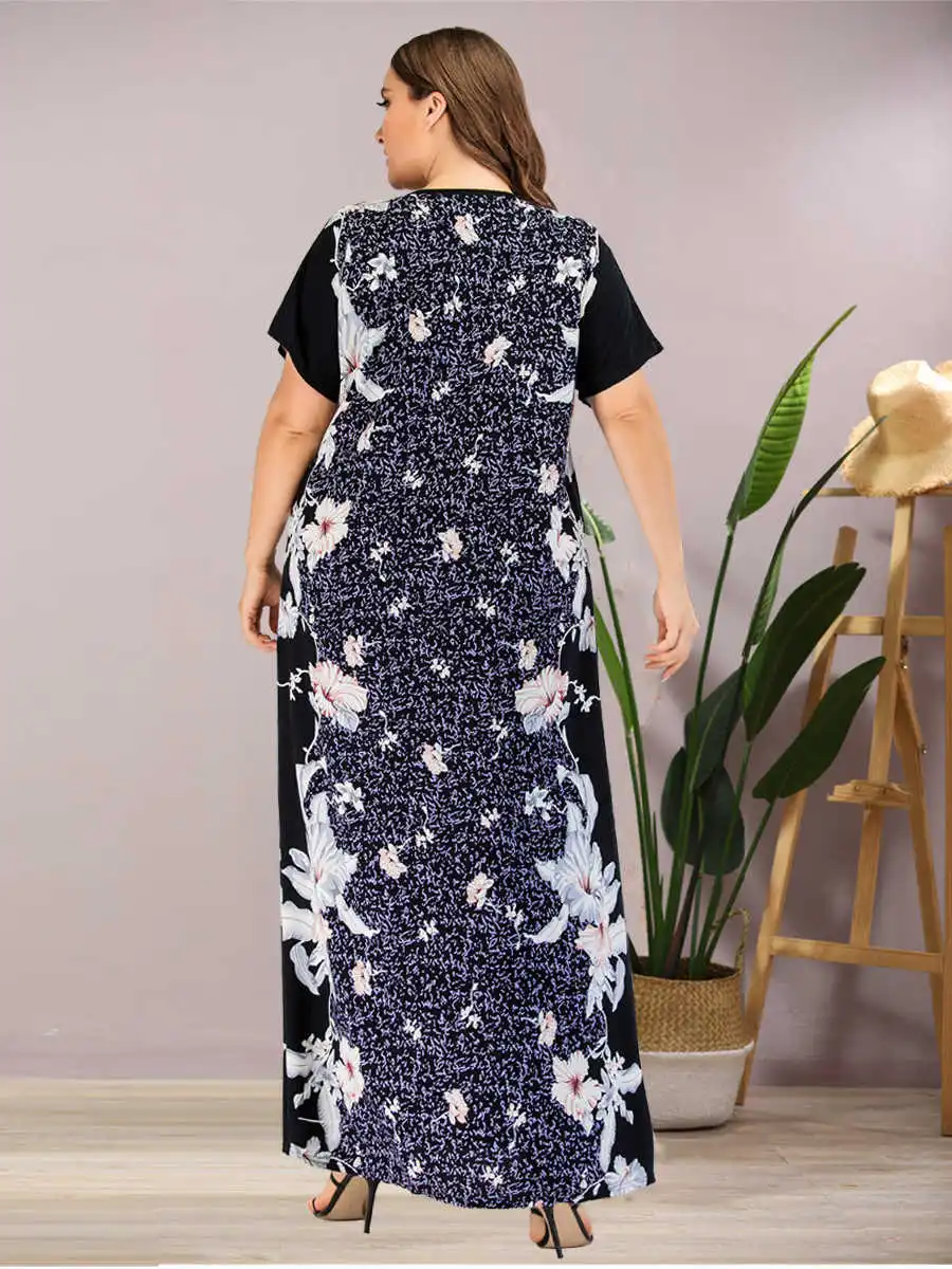 

summer Women Casual short Sleeve floral Print Tank maxi Dress plus size loose abaya kaftan ramadan robe moroccan gown VKDR2116