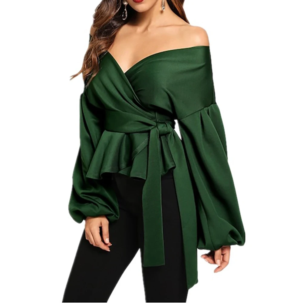 

Women V Neck Tops Polyester Ruffle Long Sleeve Female Blouse Tie Waist Elegant Off Shoulder Casual Shirts