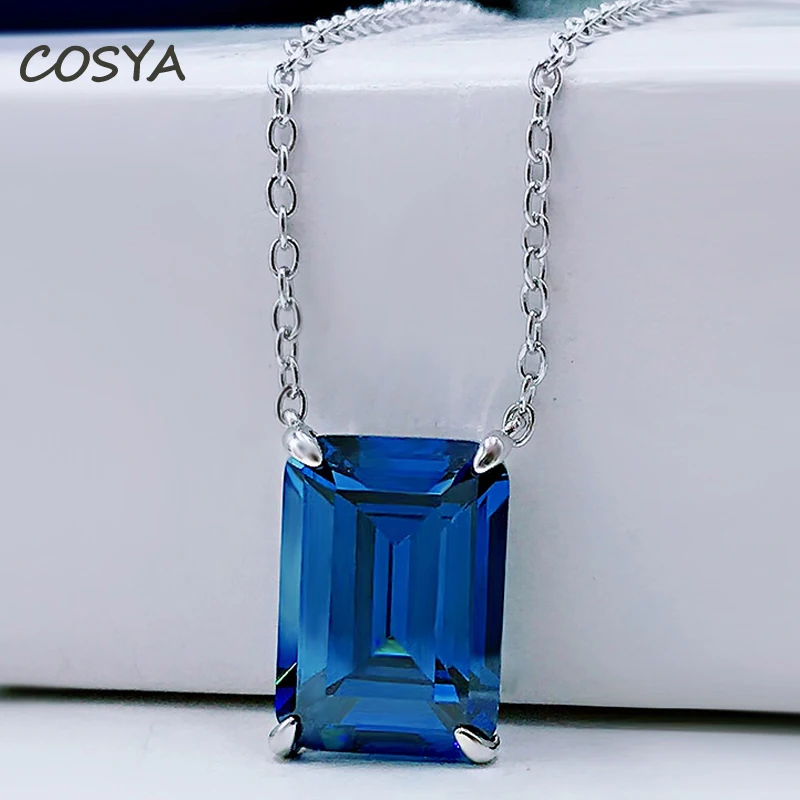 

COSYA Real 925 Sterling Silver 10*14mm Blue Rectangle Fashion Simple High Carbon Diamond Pendant Necklace For Women Fine Jewelry
