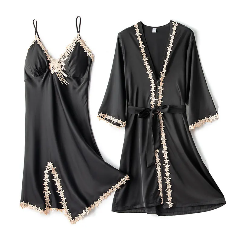 

Ice Silk Women Sleepwear Nightgown Spring Summer Kimono Bathrobe Gown Sexy Lace Trim Wedding Robe Set Casual Loose Home Dress