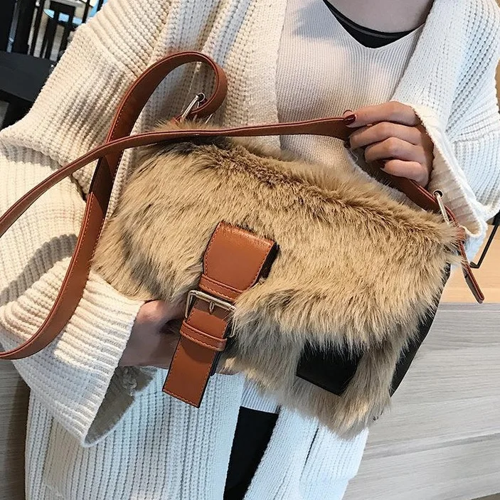 Winter Fashion New Sweet Girl Square bag High quality Soft Plush Women's Designer Handbag Casual Shoulder Messenger bag - Color: Brown