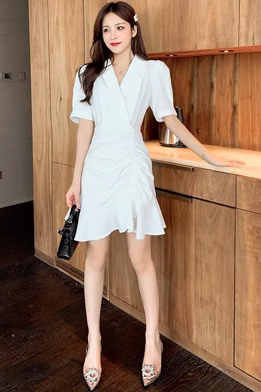 

COIGARSAM Ruffles Women one-piece dress korean New Summer Notched Pleated High Waist Dresses Black White Purple 20128