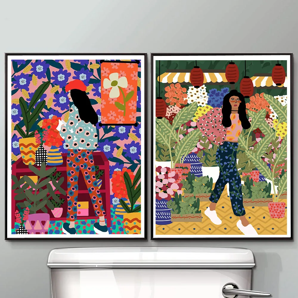 

Colorful Flower Parterre Girl Abstract Vintage Minimalist Wall Art Canvas Painting Nordic Posters And Prints Pictures For Home