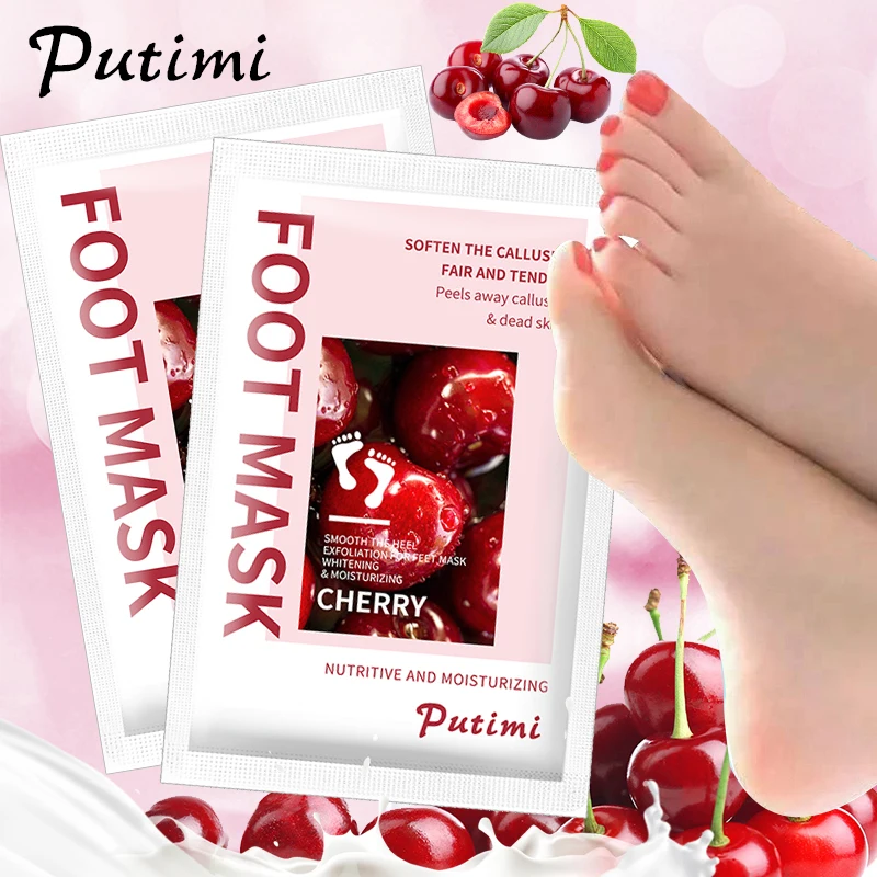 PUTIMI 30packs Cherry Feet Exfoliating Foot Mask for Legs Cream for Heels Remove Dead Skin Health Detoxing Feet Mask Spa Socks