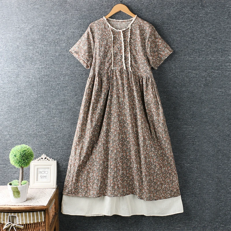 Винтажное платье из хлопка и льна с цветочным принтом большой размер | Женская