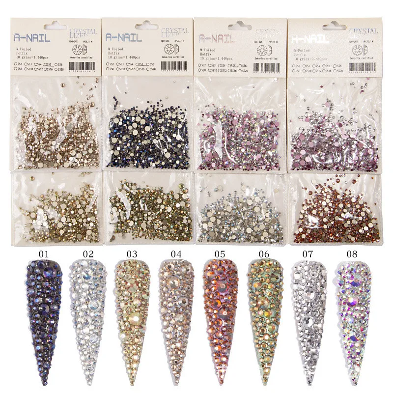 

1440PCS/bag Mix Size Crystal Nail Gems Rhinestones Hotfix Flatback Flame Diamond Rose Gold Glitter Diamond Nail Accessories SS16