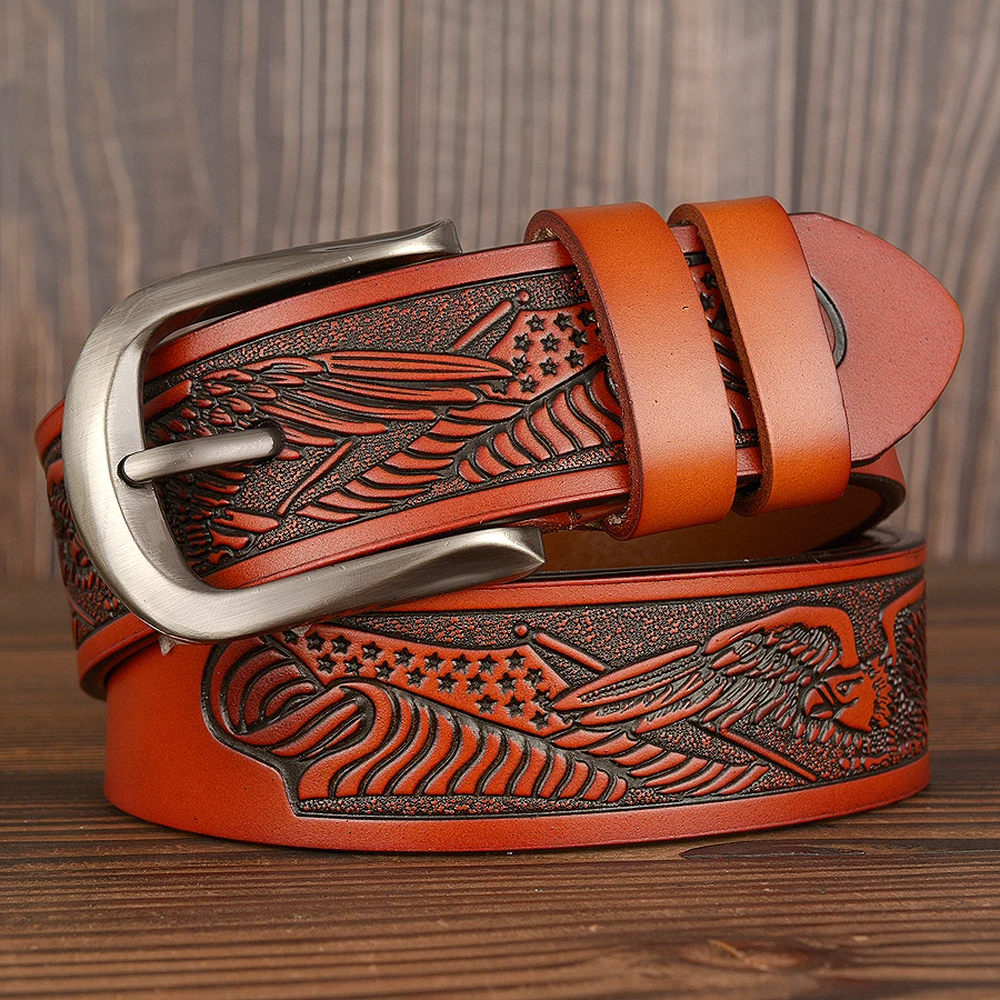 Ремень мужской из натуральной кожи винтажный ковбойский пояс с прессованным