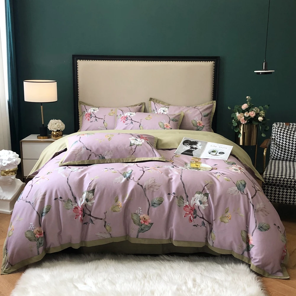 Комплект постельного белья из 2020 египетского хлопка с зелеными цветами простыня