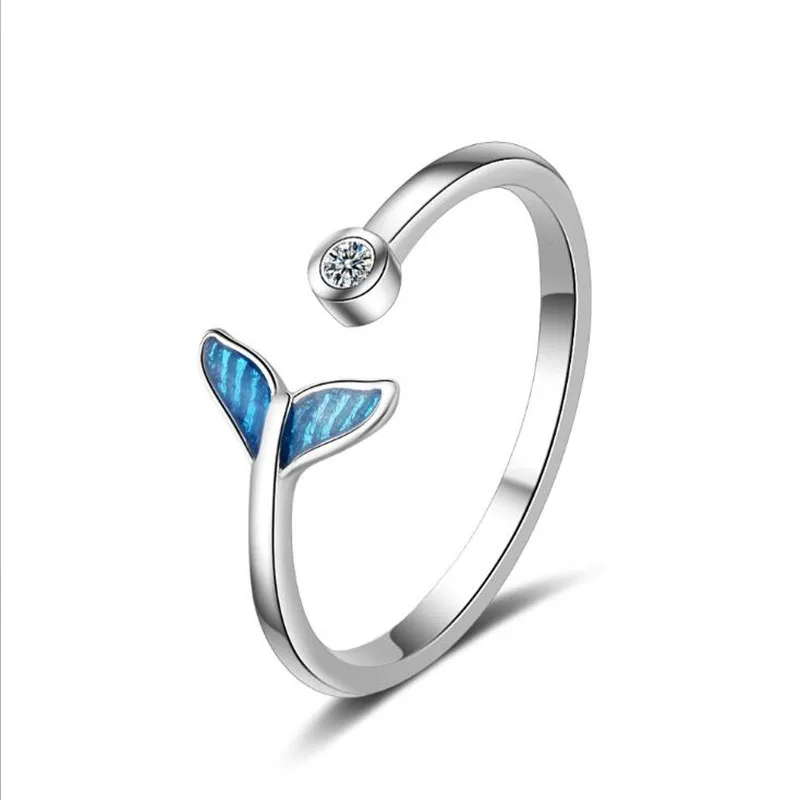 

New Creative Beautiful Sweet Blue Fishtail 925 Sterling Silver Jewelry Fashion Fish Crystal Personality Opening Rings SR441